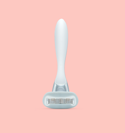 Back of Riv razor handle on pink background
